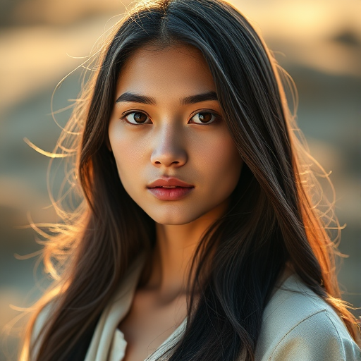 Portrait of a young woman with long, flowing dark hair and soft features, dressed in a light-colored garment, illuminated by warm, soft light in a serene setting, ISO 100, f/1.8, 50mm lens, natural light, DSLR camera, focus on facial details and smooth skin texture.