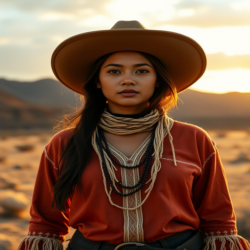 Dramatic photo of a beautiful Quechua woman, classic cowboy attire, confident and free spirit expression, half-length portrait, centered, golden hour desert landscape, warm, diffused light, low angle, medium format film camera, in style of Annie Leibovitz.