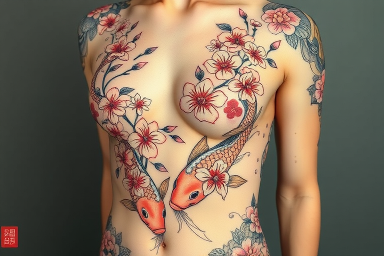 Elegant floral body tattoo wrapping around the torso, showcasing delicate cherry blossoms and koi fish in traditional Japanese irezumi style with bold black outlines and soft pastel colors