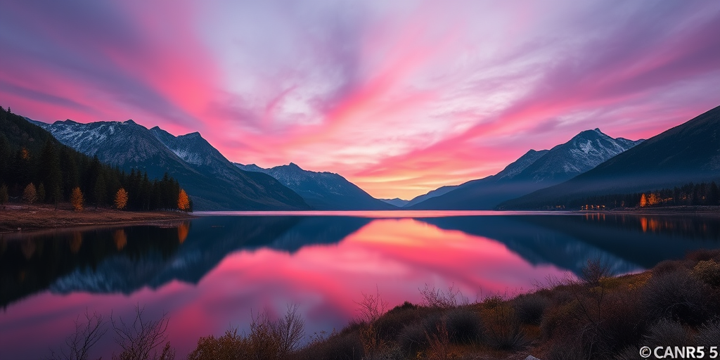 create a vibrant landscape with mountains reflecting in a serene lake at sunset, featuring pink and purple skies, bright glowing trees along the shore, with sharp focus and high dynamic range, shot with a Canon EOS R5, 24mm f/1.4 lens, ISO 100, aperture f/8, 1/125 second exposure
