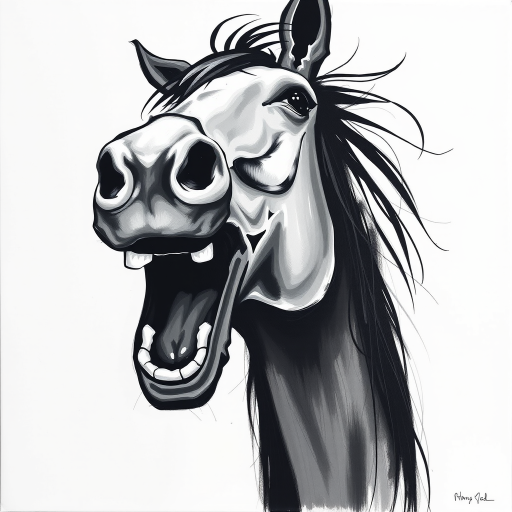 Abstract black and white acrylic portrait of an over exaggerated laughing (horse). Minimalism style. White background.