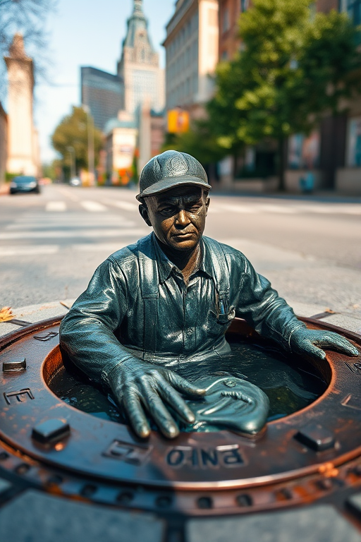 Create a high-resolution image of a bronze statue of a worker emerging from a manhole cover, taken with a DSLR camera at f/8 aperture, 1/250 shutter speed, ISO 200, in natural daylight, using a wide-angle lens from a low angle to capture details and depth.