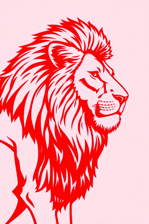 Create a highly detailed illustration of a lion, depicted in a bold red outline, side view, with a focus on the mane and muscular structure, using a digital art style, captured with a virtual camera set to 50mm lens, aperture f/2.8, ISO 100, and a slight depth of field to enhance the lion's features.