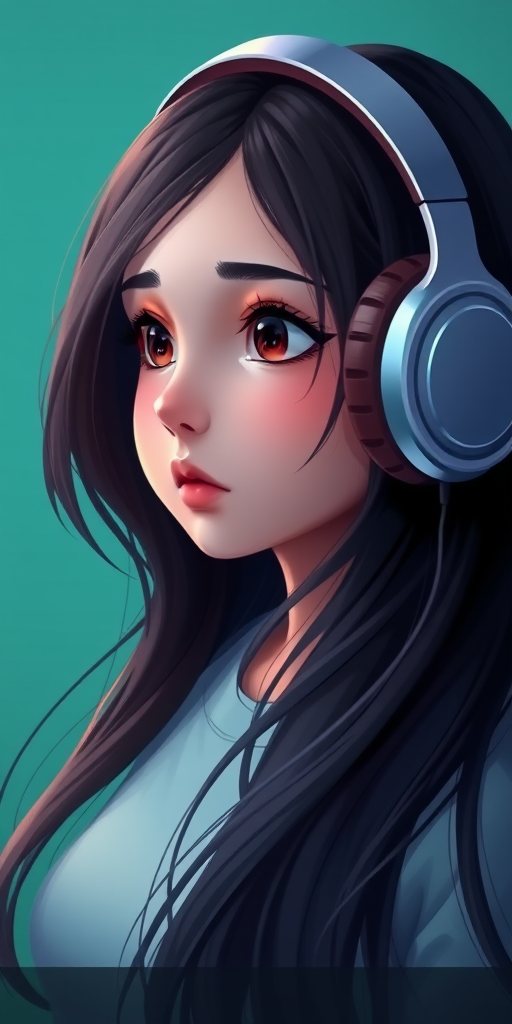 A digital artwork of a girl with long dark hair wearing oversized headphones, gazing thoughtfully to the side, in a soft teal background, shot with a high-resolution camera at f/1.8, ISO 100, 50mm lens, with soft lighting to enhance colors and details.