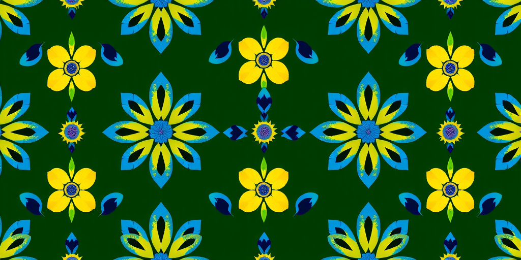Create a vibrant repeating pattern of floral motifs in blue, yellow, and purple on a dark green background using a macro lens with f/8 aperture, 50mm focal length, and a high-resolution digital camera for enhanced clarity and detail.