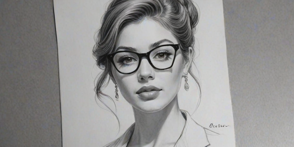 Magnificent Elena Satine, pencil sketch, portrait of Elegant woman 1958s in glasses, hair style beatnik, outline, clear lines, fine lines, 8k