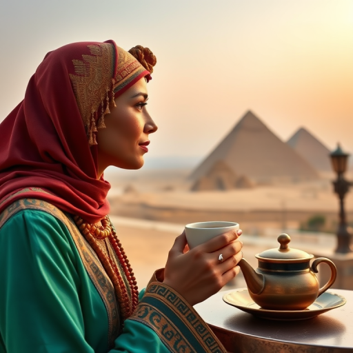 Egyptian woman having coffee and the view is the pyramids