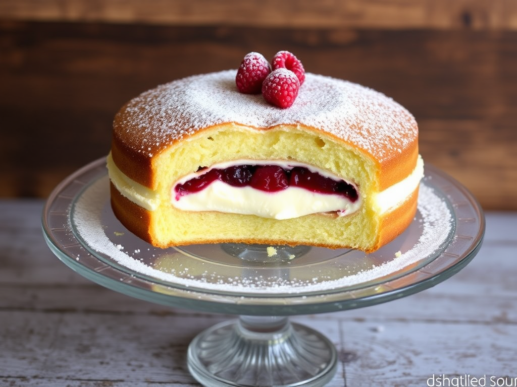 A beautifully baked sponge cake with a layer of cream and raspberry jam in the center, dusted with powdered sugar, displayed on a vintage glass cake stand with a rustic background.