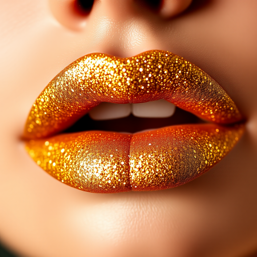 Glittery golden lips with a sparkling finish, called "Midas Touch," featuring ultra-fine shimmer particles and a luxurious, party-ready look