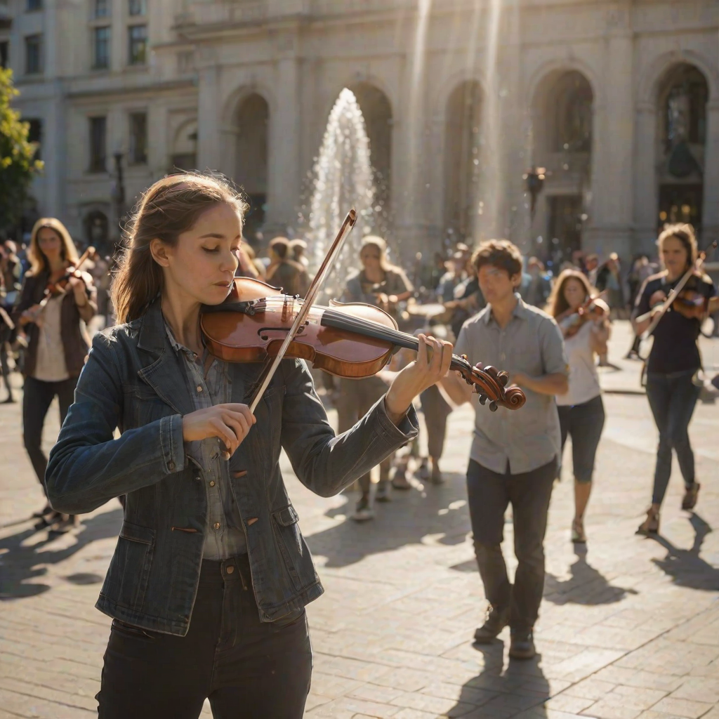 Clear, high-resolution shot of a street performer playing violin in a busy plaza, sunlight glinting off the instrument, people walking by, some stopping to listen, a fountain in the background, the sound of the violin filling the air.