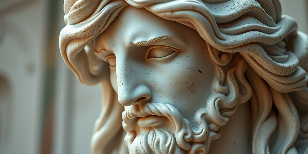 regenerate an image of a classical marble statue of a Greek god with detailed facial features and flowing hair, using a Canon EOS R5, 85mm lens, f/1.8 aperture, ISO 100, natural lighting, shallow depth of field, high dynamic range