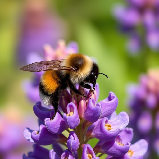 Close-up shot of a bumblebee on purple lupine flowers, f/2.8 aperture, 1/500 sec shutter speed, ISO 200, macro lens, natural lighting, DSLR camera, shallow depth of field.