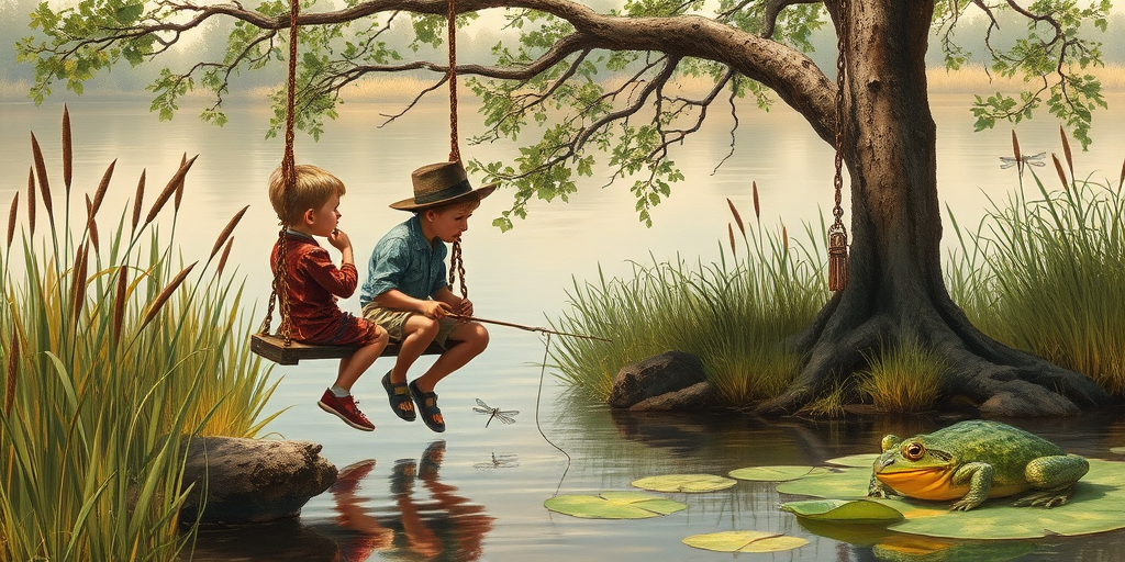 Imagine a small group of old fashioned young boys out fishing by the creek, a swing hanging from a tree branch, reeds and grasses by the water's edge, a frog sitting on a lily pad, dragonflies hovering over som water plans, a very iconic old fashioned scene reminiscent of a Norman Rockwell painting style
