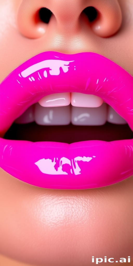 Glossy neon pink lips with a high-shine finish, dubbed "Electric Bubblegum," display a vibrant, attention-grabbing color and ultra-reflective surface