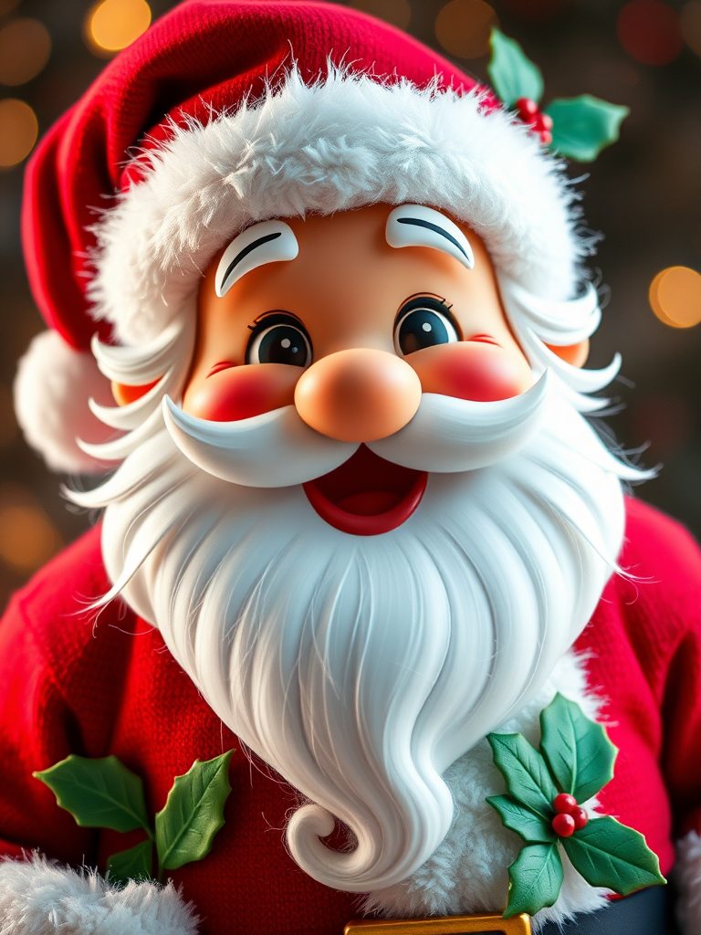 Create a high-resolution image of a cheerful cartoon Santa Claus with a red hat, white fluffy beard, and holly leaves, captured with a DSLR camera at f/2.8 aperture, ISO 100, and a 50mm lens, using soft lighting and a shallow depth of field for a vibrant and crisp look.