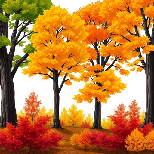 Create a detailed illustration of four trees in different stages of autumn foliage with vibrant colors, including green, yellow, orange, and red leaves, shot from a slightly elevated angle using a 50mm lens, f/8 aperture, 1/250 shutter speed, and a DSLR camera for maximum clarity and depth.