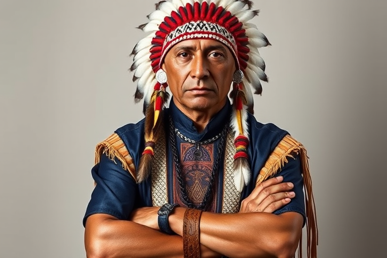 Create a dignified portrait of a Native American man dressed in traditional attire. He wears a beautifully crafted headdress adorned with white feathers and red beads, along with a beaded headband featuring intricate patterns. His clothing includes a deep blue, patterned shirt and a traditional chest piece with detailed beadwork. His arms are crossed, displaying leather armbands decorated with feathers. The background is simple and neutral, emphasizing his proud and stoic expression. The overall image captures the rich cultural heritage and strength of his persona.