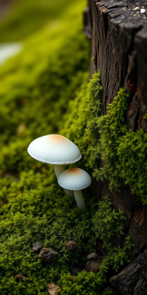 Close-up of a white mushroom growing beside a wooden stump surrounded by lush green moss, shot with a Canon EOS R5, 50mm f/1.2 lens, aperture f/2.8, ISO 400, natural light, macro photography style.