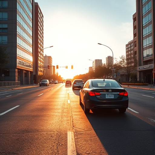capture a busy urban street at sunset with two cars driving on the road, use a DSLR camera with a 50mm lens, aperture f/2.8, shutter speed 1/250 seconds, ISO 200, focus on the shadows and reflections on the pavement, natural light, wide-angle view.