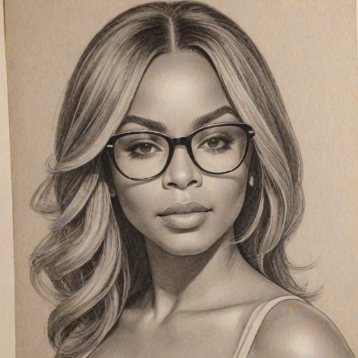 Stunning Ashanti, pencil sketch, portrait of Ravishing woman 1978s in glasses, hair style beatnik, outline, clear lines, fine lines, 8k