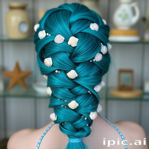 Mystical teal mermaid braid dubbed "Siren's Song" incorporates an intricate five-strand plait adorned with tiny seashells and shimmering aquamarine highlights