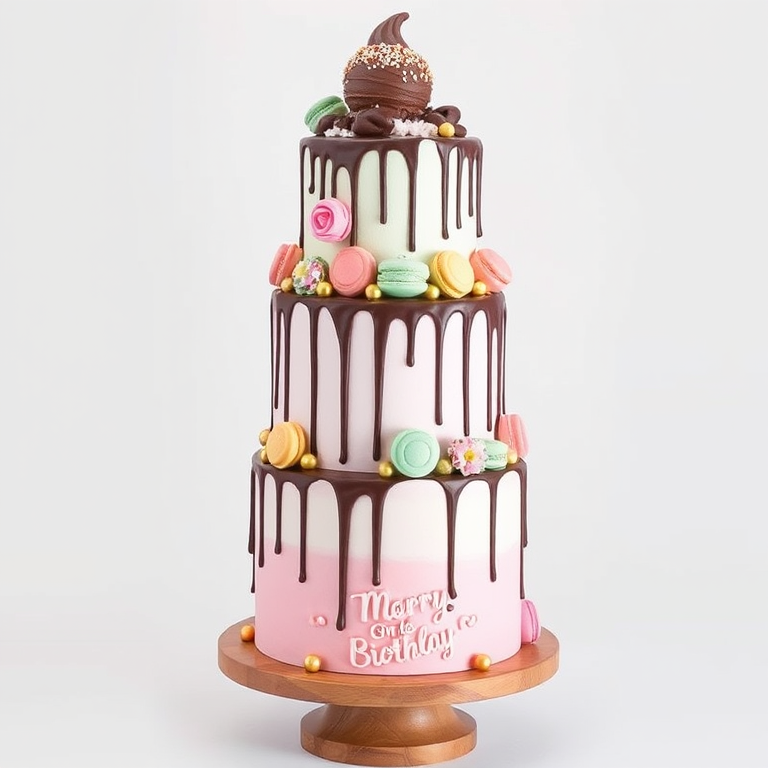 Create an image of a tall multi-tiered cake with pastel colors including pink and mint green. The cake should have chocolate drips cascading down the sides and be adorned with colorful macarons, gold balls, and small decorative flowers. At the top, there should be an ice cream cone along with a scoop of chocolate ice cream and sprinkles. The cake is displayed on a round wooden cake stand with a decorative base.