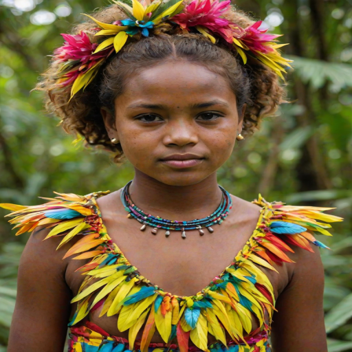 A beautiful Melanesian girl, wearing colorful bird clothing with vibrant colors