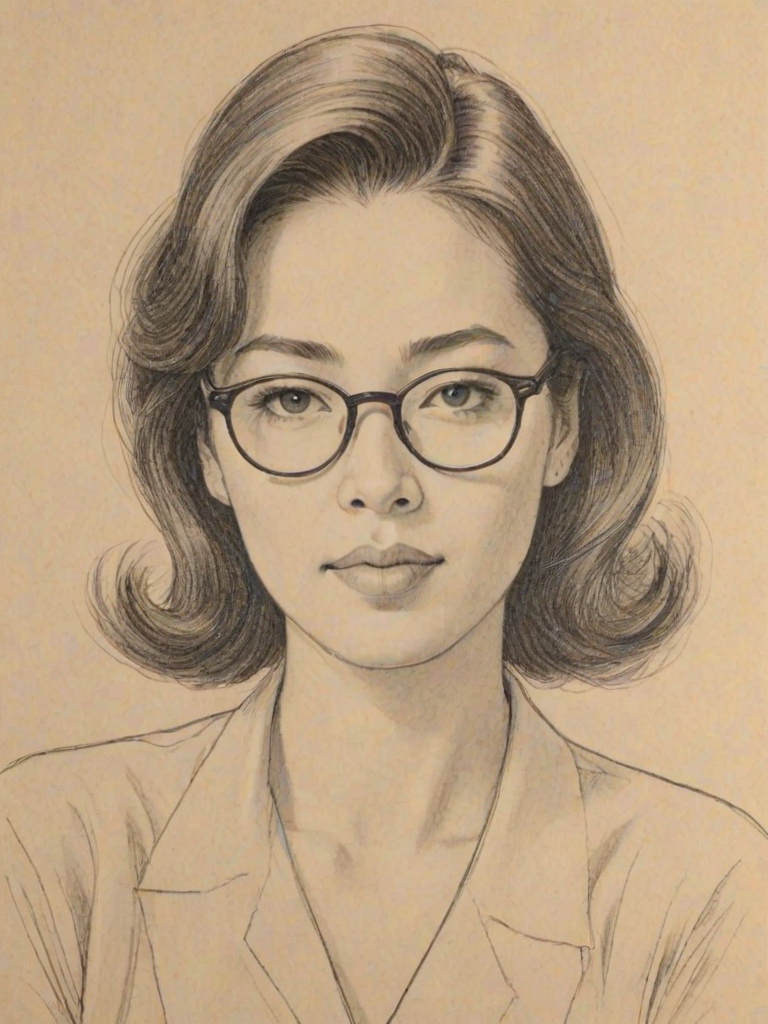 Fetching Eleanore Matsuura, pencil sketch, portrait of Exquisite woman 1949s in glasses, hair style beatnik, outline, clear lines, fine lines, 8k