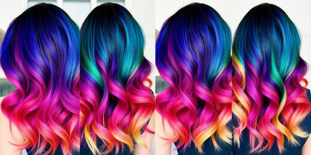 Multi-toned rainbow hair in long, flowing waves showcases the "Prism Cascade" style, featuring a seamless blend of vibrant hues that transition from deep indigo at the roots through shades of emerald, sapphire, amethyst, ruby, and golden topaz, culminating in pale pink tips that create a mesmerizing spectrum of color