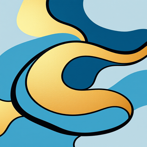 Create an abstract design featuring flowing, wavy shapes in shades of blue, gold, and taupe with bold black outlines, captured using a Canon EOS R5 with a 50mm f/1.2 lens at f/8, ISO 100, shot in natural light from an overhead angle for enhanced vibrancy and detail.