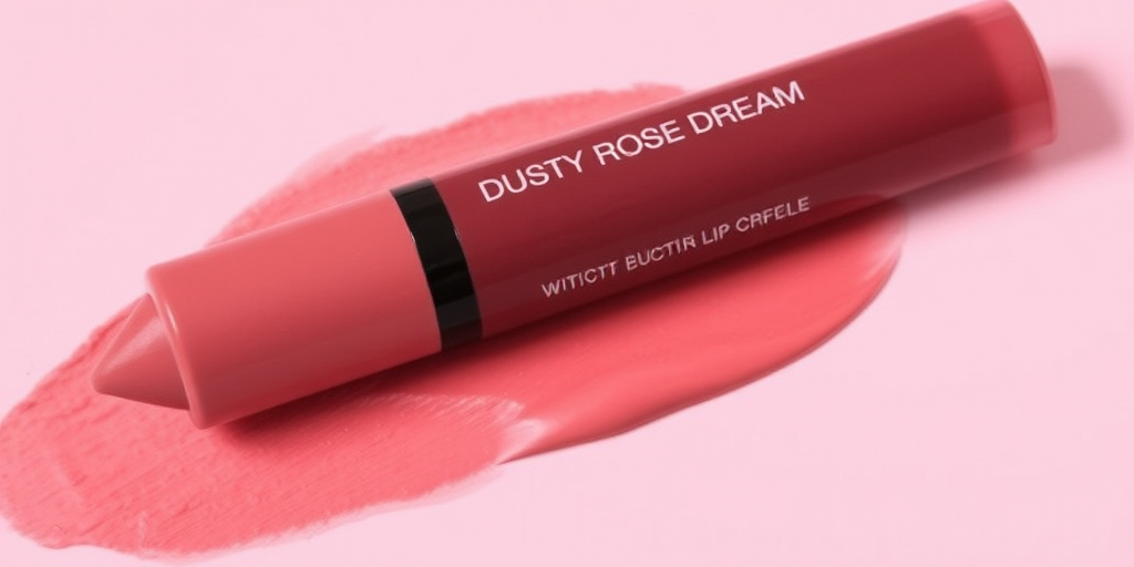 Creamy mauve lip crayon "Dusty Rose Dream" with satin finish and blurring effect, suitable for office wear and casual outings, easy-to-apply twist-up packaging