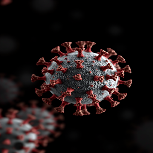 Create a highly detailed 3D representation of a virus particle with a dark background, using a macro lens camera with an aperture of f/2.8, ISO 100, 1/250s shutter speed, and a shallow depth of field to enhance focus on the virus structure, rendered in a realistic style.