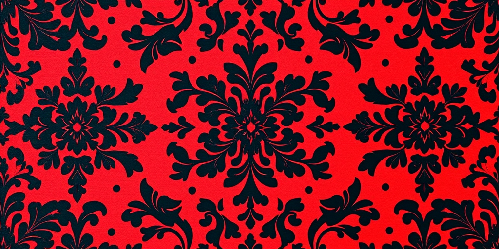 Create a high-resolution image of an ornate damask pattern with rich red and black colors, capturing intricate floral designs with a symmetrical layout, using a DSLR camera, f/8 aperture, 50mm lens, and natural lighting for enhanced detail and depth.