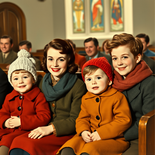 In the style of Norman Rockwell, a 1953 young family, looking pleasantly content is sitting in church, wearing cold weather clothing in autumn colors