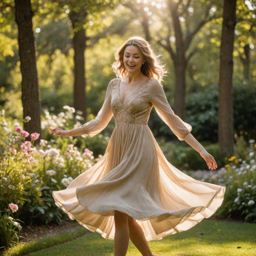 Blurry action shot of a woman twirling in a flowy dress in a sunlit garden, soft golden light filtering through the trees, with flowers softly blurred in the background.
