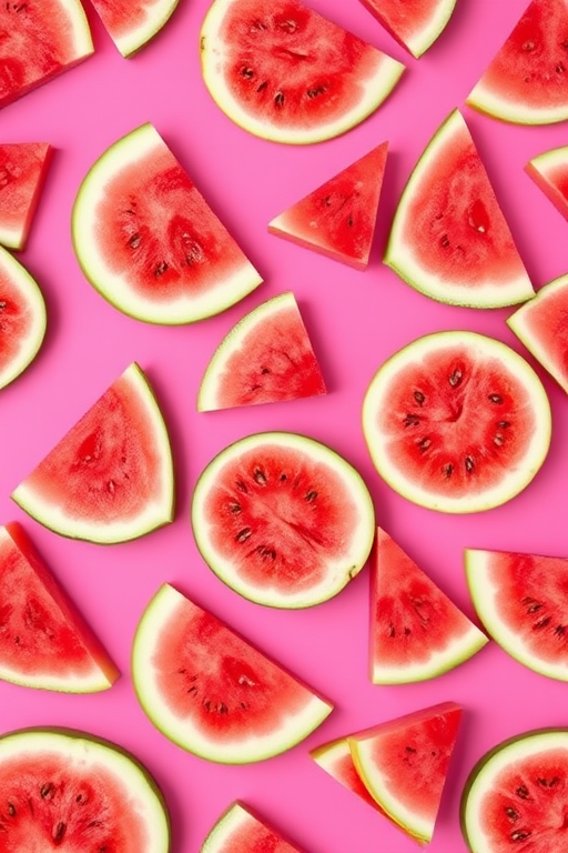 Create a seamless pattern of watermelon slices on a vibrant pink background with a high-resolution camera at 24mm focal length, aperture f/8, ISO 100, top-down view, using a digital SLR camera for sharpness and clarity.
