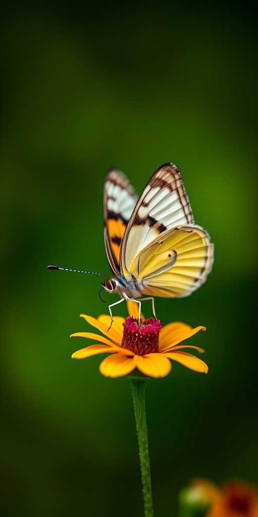 Capture a close-up shot of a butterfly perched on a flower with a blurred green background, using a DSLR camera, 85mm f/1.8 lens, aperture set to f/2.8, ISO 200, shutter speed 1/400s, natural light, focus on the butterfly and shallow depth of field.