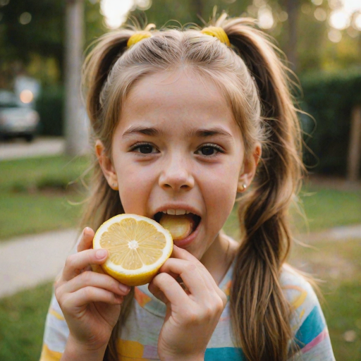 A candid photograph of a young girl biting into a slice of lemon. Her face is scrunched up from the sour taste, capturing a moment of surprise and playfulness. She has light brown hair, tied back in a ponytail, and wears a casual, colorful top. The background is softly blurred, keeping focus on her expression and the lemon slice. Natural lighting illuminates her face, highlighting her reaction with a soft, warm tone. The image has a bright and cheerful atmosphere, with a high contrast. The photo was captured with a 50mm lens and shot on Kodak Portra 160 film.