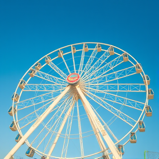 Capture a vibrant image of a large white Ferris wheel against a clear blue sky, using a DSLR camera with a 35mm lens, aperture set to f/8 for sharpness, ISO 100 for high image quality, and a shutter speed of 1/250s to freeze motion, from a low angle perspective to emphasize the height and structure.