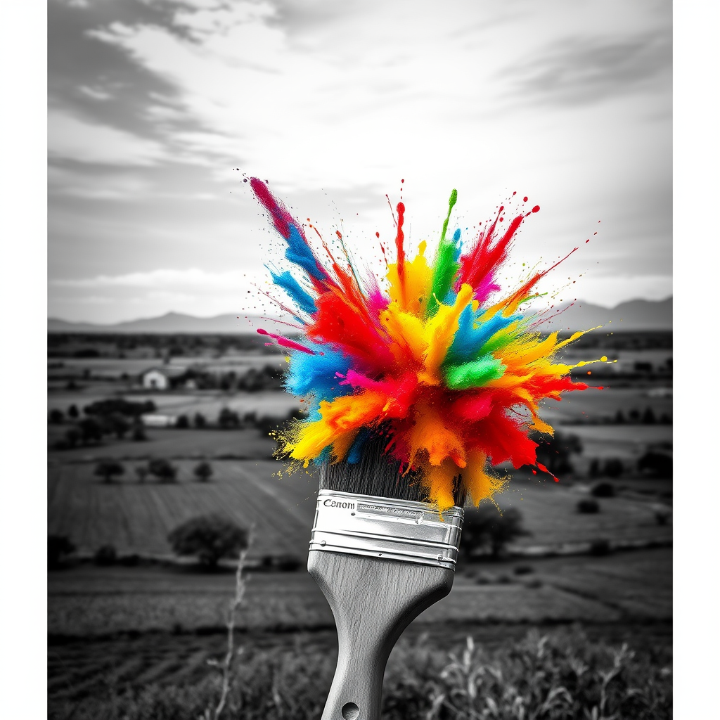 Create a vibrant landscape scene blending black and white realism with a colorful explosion of paint from a large brush, showcasing a rural setting with distant mountains, shot with a Canon EOS 5D Mark IV at f/8, ISO 100, 50mm lens, in natural lighting for enhanced color and detail.