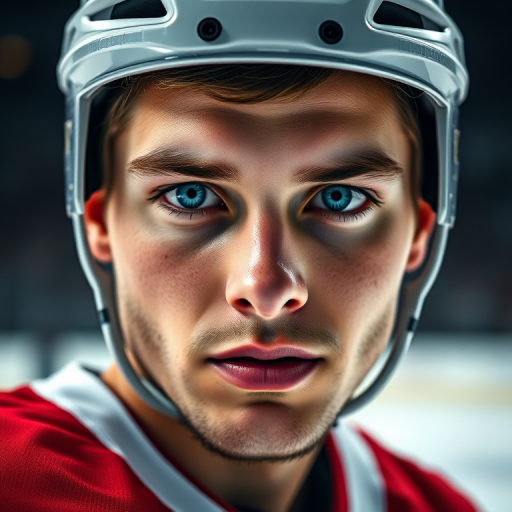 Regenerate a close-up portrait of a hockey player in a red jersey, with intense blue eyes and a strong facial expression, using a DSLR camera, 85mm lens, f/1.4 aperture, ISO 100, 1/200s shutter speed, soft studio lighting, and a blurred background to emphasize the subject's features.