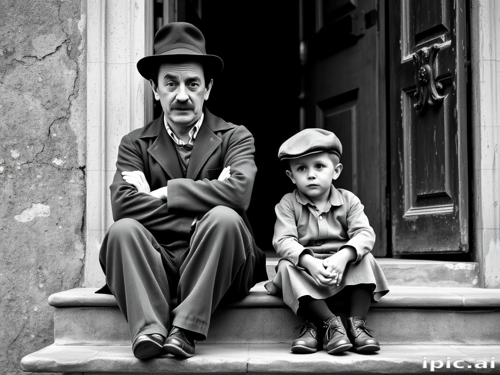 A black-and-white photograph of a man and a child sitting on steps in front of a doorway. The man is dressed as a tramp with a bowler hat, mustache, and ragged clothes, reminiscent of Charlie Chaplin's iconic look. He is sitting with his arms crossed and an expression of slight sadness or frustration. Next to him is a young boy, also in worn clothes and a cap, sitting with his hands clasped, looking thoughtful. The background is an old, textured wall and a partially open door, creating a vintage, early 20th-century atmosphere.