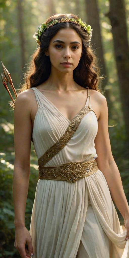 Create a portrait of a goddess-like Coptic girl figure in a tranquil, forested environment. She has an elegant appearance with long, wavy hair styled in an updo and adorned with a delicate, floral headband. She wears a flowing, ancient Greek-inspired gown in a soft, pale color, featuring a one-shoulder design and draped fabric that accentuates her graceful form. The outfit includes a decorative belt with ornate gold detailing, and she holds a bow in her hand, with a quiver of arrows slung over her shoulder. The background depicts lush greenery, with sunlight filtering through the trees, casting a gentle, ethereal light on the scene. Her expression is calm and contemplative, embodying a sense of wisdom and serenity.
