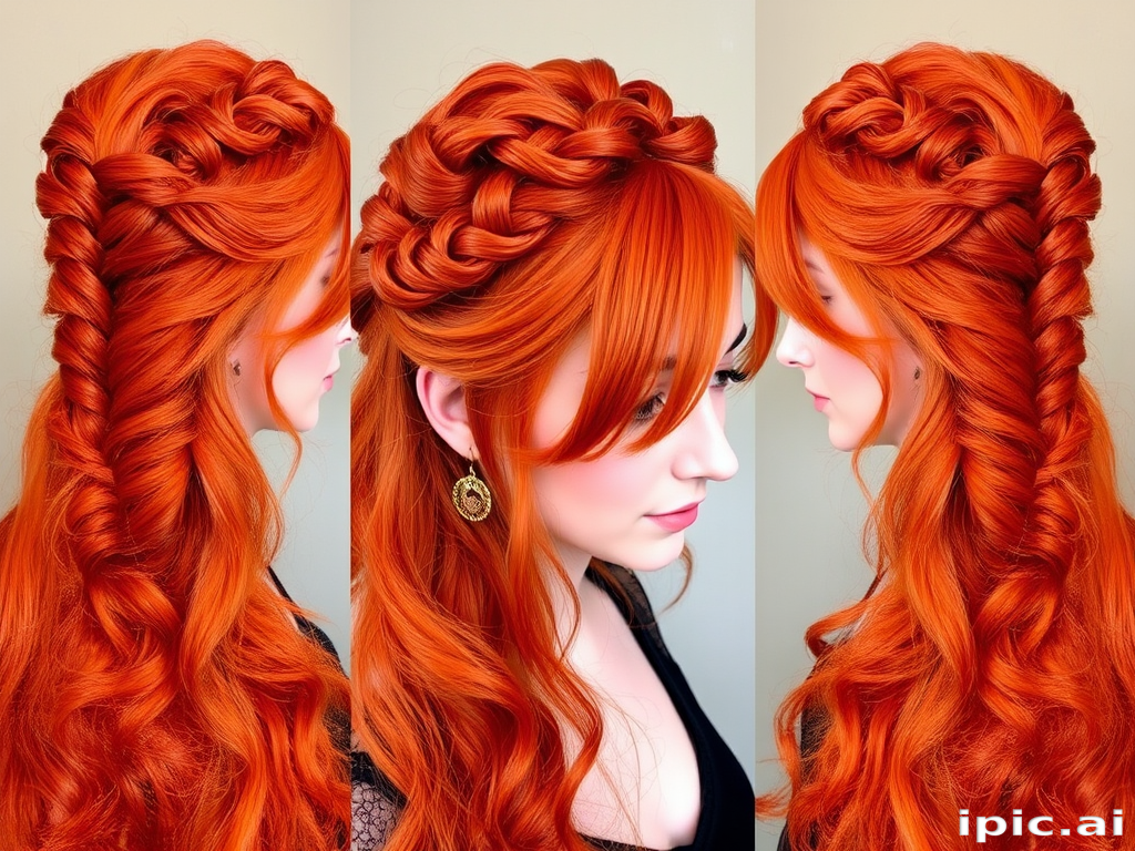 Fiery red mane styled in the "Phoenix Rising" half-up braided crown, long cascading curls reaching waist, bright copper highlights woven throughout, intricate fishtail braid circling head, loose tendrils framing face softly