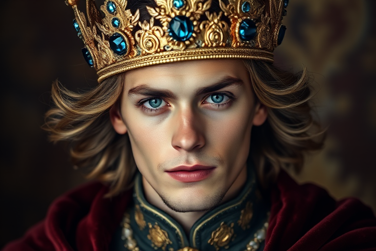 portrait of a regal young man wearing an ornate crown with blue gemstones, detailed facial features and flowing hair, richly decorated clothing with a velvet cape, dramatic lighting emphasizing the textures, medium format camera, f/2.8 aperture, 85mm lens, soft focus background