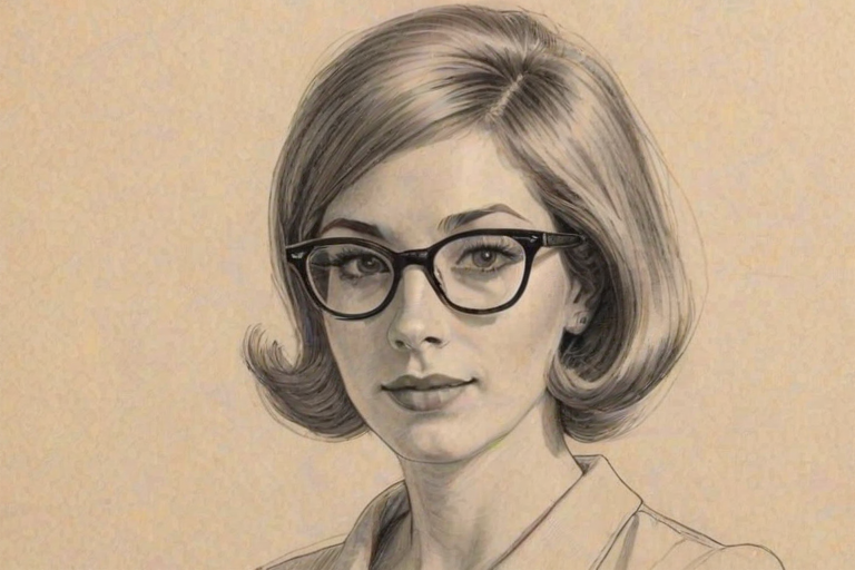 Delightful Molly Bernard, pencil sketch, portrait of Wonderful woman 1960s in glasses, hair style beatnik, outline, clear lines, fine lines, 8k