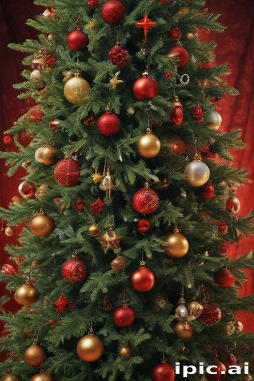 Festive Christmas Tree Adorned with Red and Gold Ornaments Shining Brightly