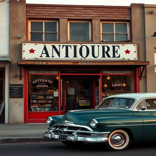 vintage storefront of an antique shop with a classic car parked in front, soft watercolor effect, shot at golden hour, 50mm lens, aperture f/2.8, ISO 100, DSLR camera, wide-angle view