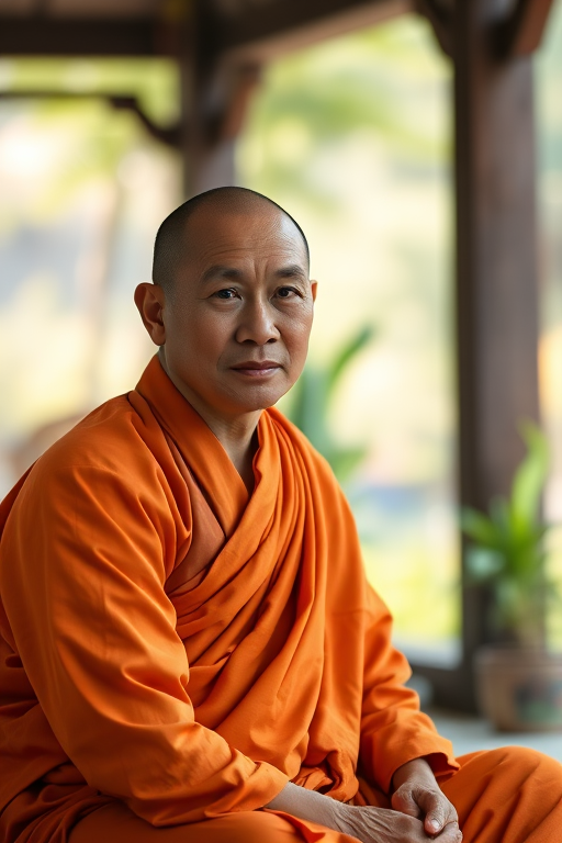 portrait of a monk in an orange robe sitting in a serene setting with a blurred natural background, soft natural lighting, using a DSLR camera with a 50mm lens, aperture f/1.8, ISO 200, shutter speed 1/200s, focused on the subject's serene expression, shallow depth of field