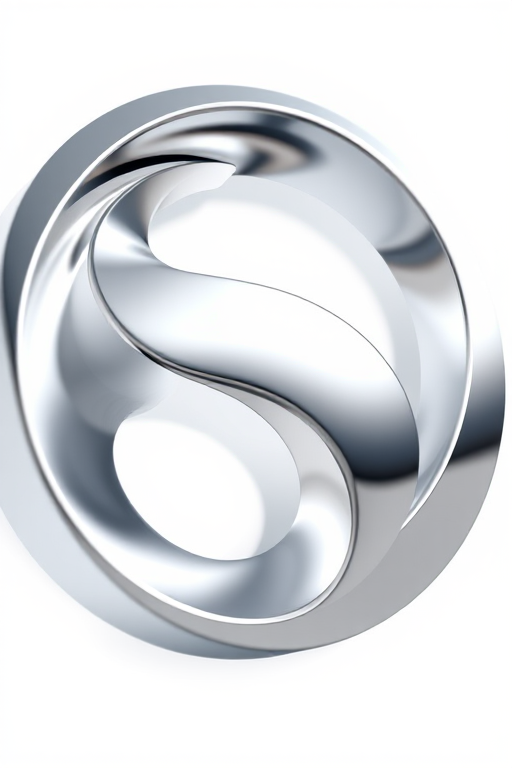 Create a high-resolution image of a sleek abstract silver logo with smooth curves and reflections, shot from a low angle using a DSLR camera, 50mm lens at f/1.8, ISO 100, and a soft focus background to enhance depth.